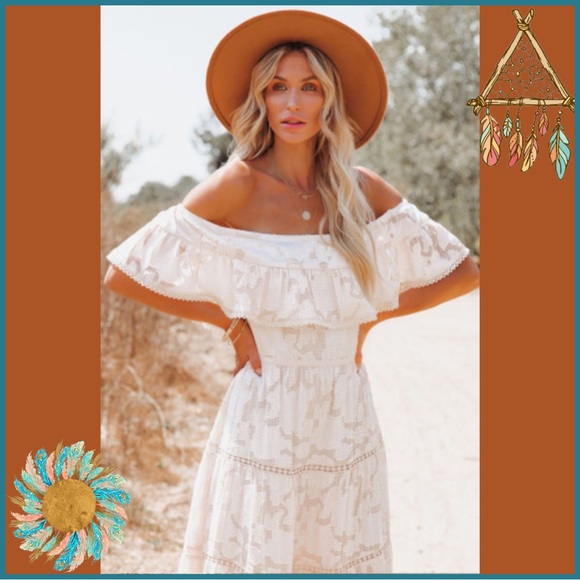 NWT WHITE OFF-THE-SHOULDER RUFFLED LACE MAXI DRESS Medium - Picture 6 of 17